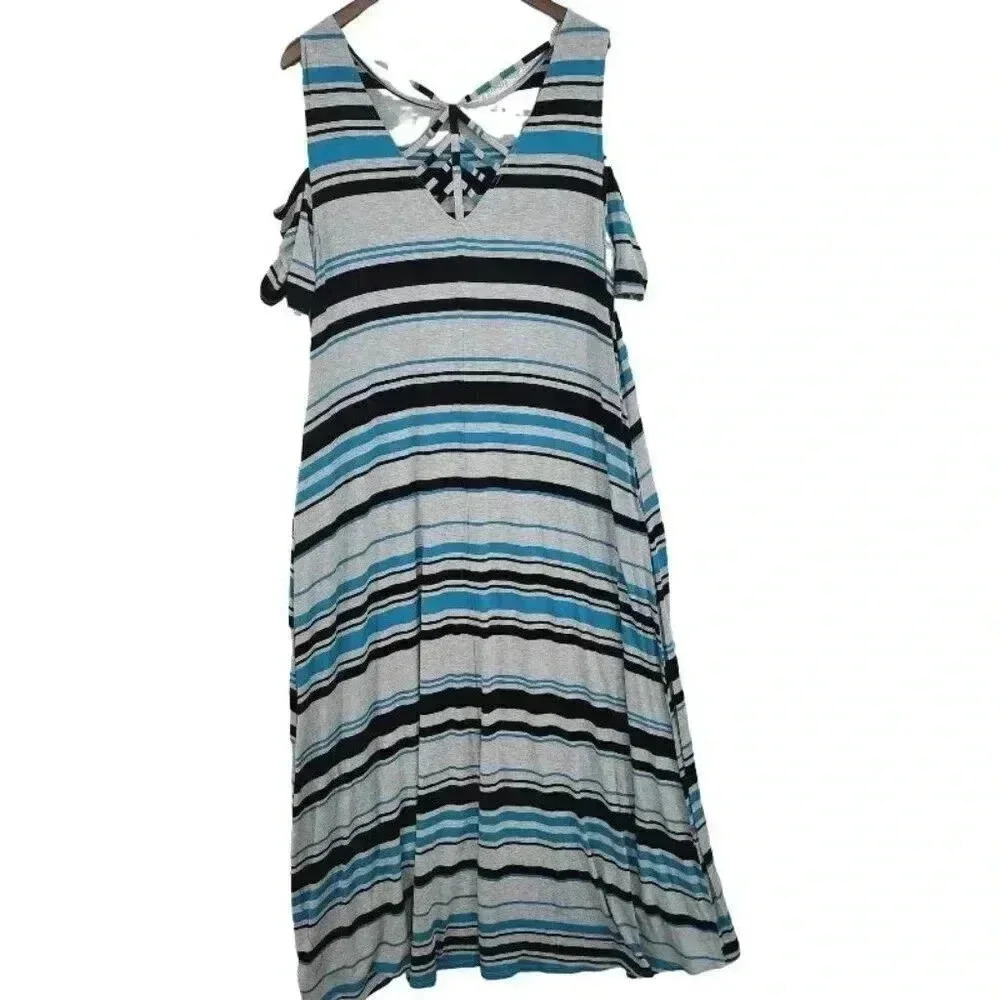 Lane Bryant Womens Striped Cold Shoulder Maxi Dress 14/16 Cuto out Sleeveless